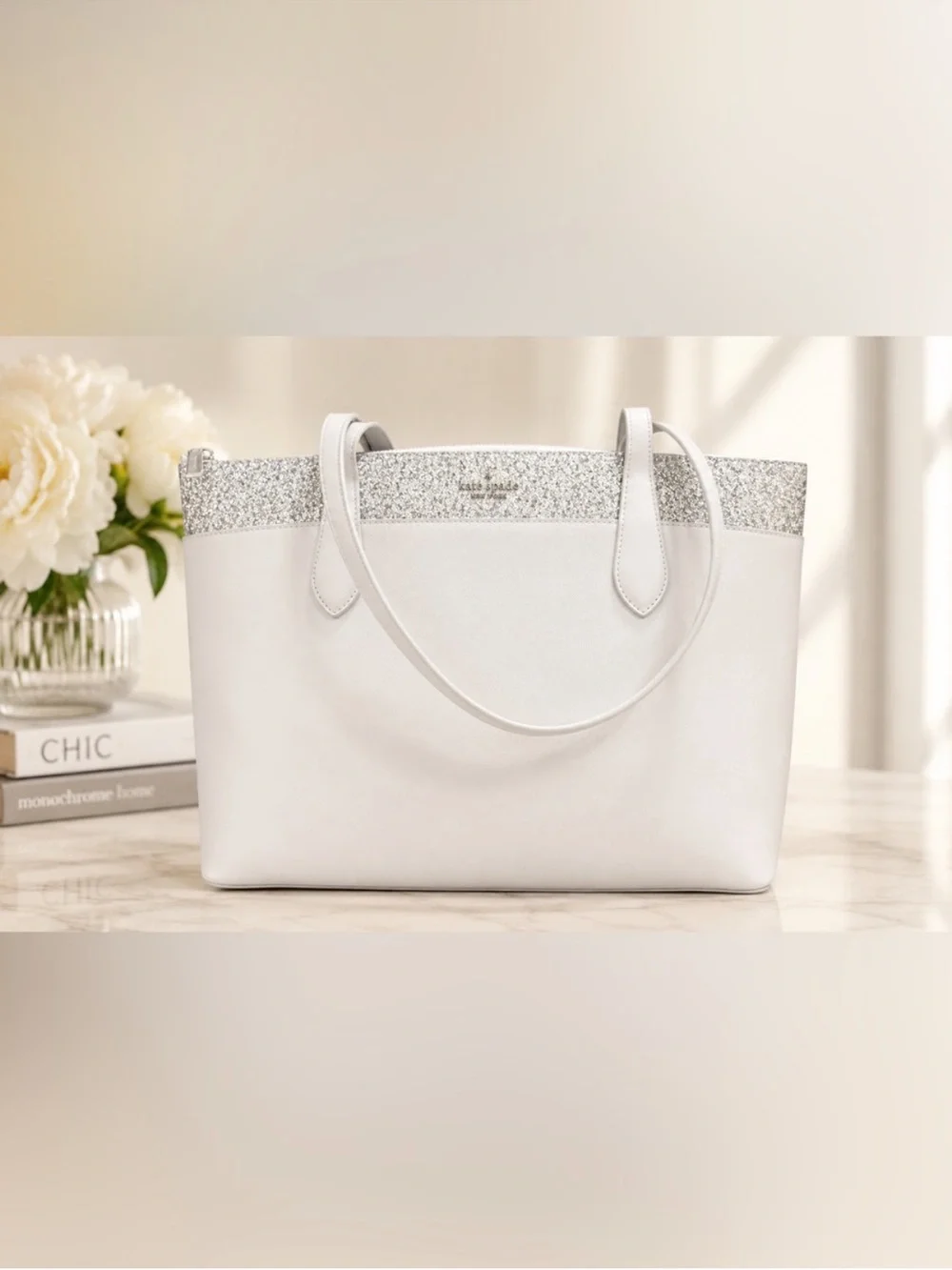 NWOT kate spade White Tote with Silver Glitter Trim